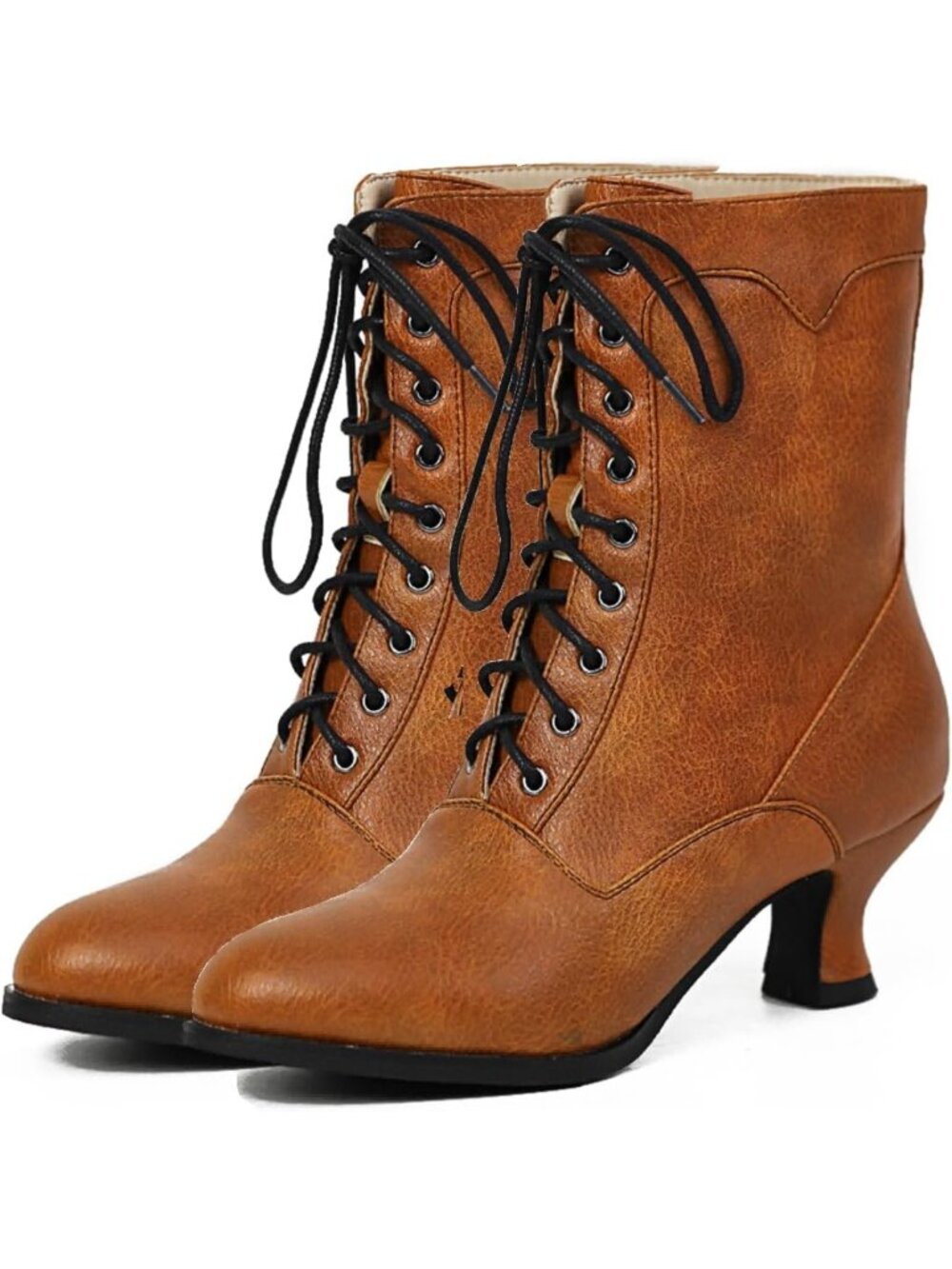 Victorian Style Black Ankle Boots - Mid Calf, Round Toe, Chunky Heel, Lace Up